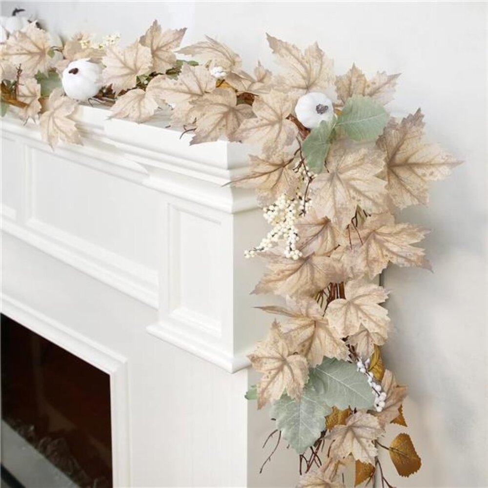 Fall Decor Garland - 6Ft Autumn Maples Leaf Pumpkin Berry Garland White Decor